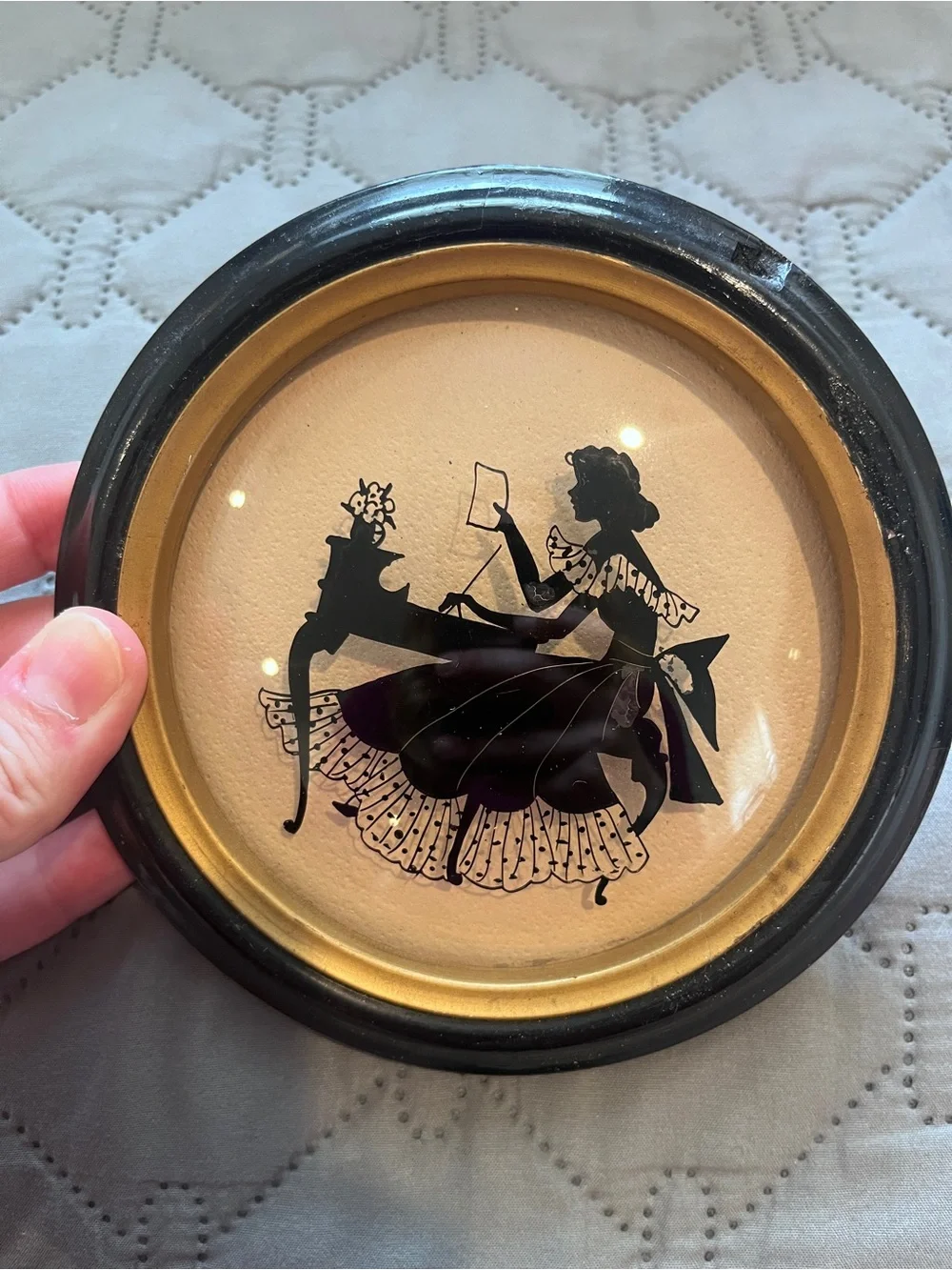 Vintage Reverse Painted Silhouette Pair – Convex Bubble Glass Wall Art Set